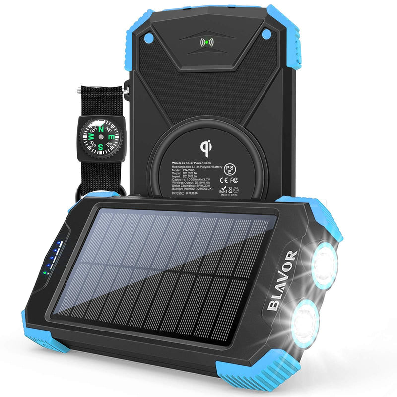 Solar Charger Power Bank, Qi Wireless Charger 10,000mAh External Battery Pack Type C Input Port Dual Flashlight, Compass, Solar Panel Charging (Light Blue) Light Blue