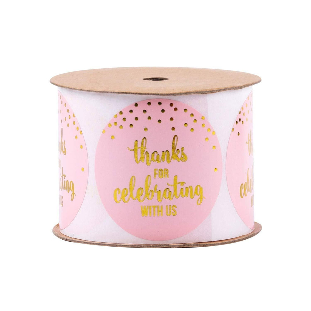 WRAPAHOLIC Thank You Gift Stickers - 100 Pcs Circle Pink Adhesive Label Stickers with Gold Foil"Thank you for celebrating with us" for Wedding, Baby Shower, Birthday, Party 03 Circle - Thank you for celebrating with us