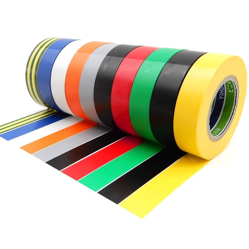 10 Pack Electrical Tapes - Maveek 0.67Inch 65.6Ft PVC Waterproof, Flame Retardant, Strong Rubber Based Adhesive Gaffer Tapes(9 Colors) 10 pcs