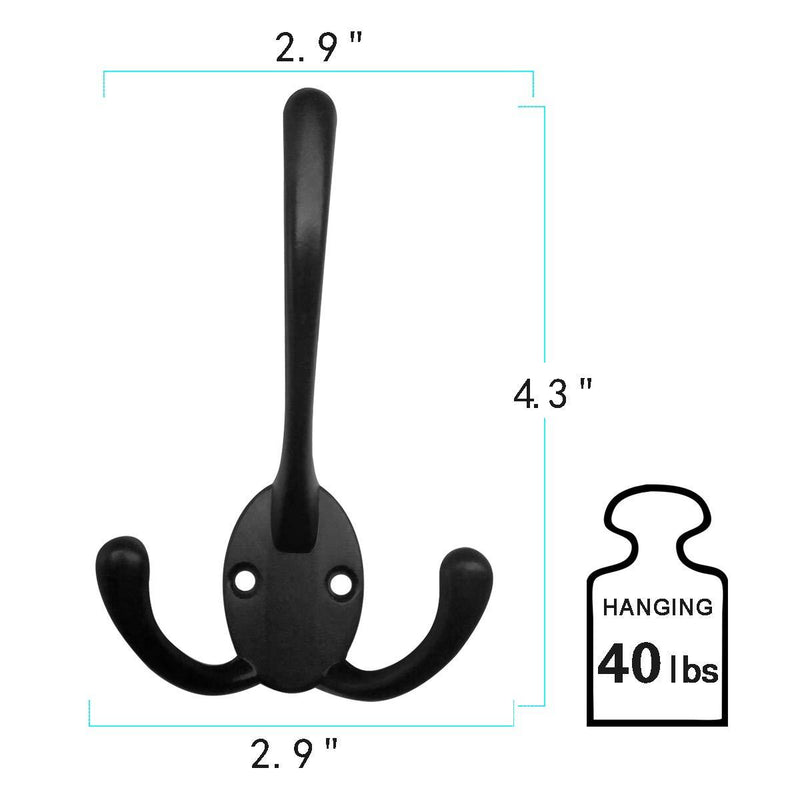 6 Pack Big Heavy Duty Three Prongs Coat Hooks Wall Mounted with 24 Screws (Two Types of Screws Included) Retro Double Utility Rustic Hooks for Thick Coat, Big Heavy Bags (6 Pack) Black