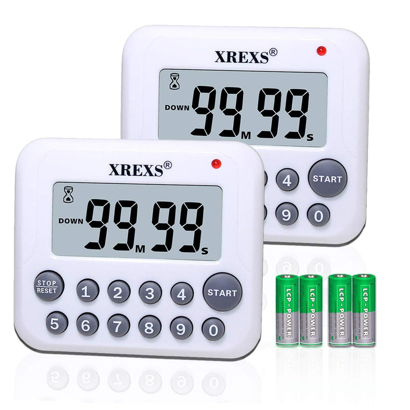 XREXS Digital Kitchen Timer Magnetic Countdown Up Cooking Timer Clock with Magnet Back and Clip, Loud Alarm, Large Display Minutes and Seconds Directly Input-White (2 Pcs, Battery Included) PS-367 2 Pcs