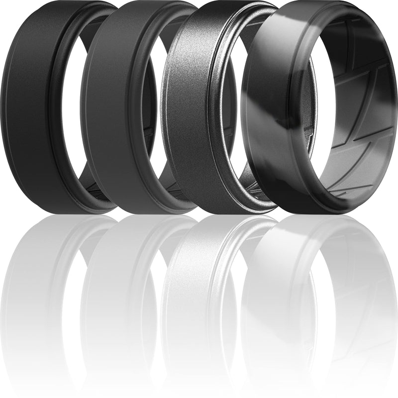ThunderFit Silicone Wedding Rings for Men Breathable Airflow Inner Grooves - Step Edge Sleek Design Breathable Rubber Engagement Bands - 8mm wide - 2mm Thick Black, Dark Grey, Grey Camo, Gunmetal 6.5 - 7 (17.3mm)
