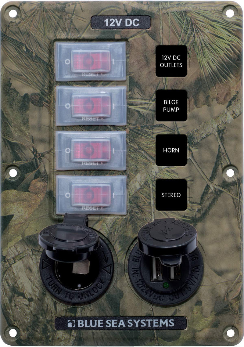 Blue Sea Systems 4324-BSS Panel Switch H2O CB 4POS SCKT, Camouflage 4 Pos + 12V Sckt & Dual USB Chgr Camo