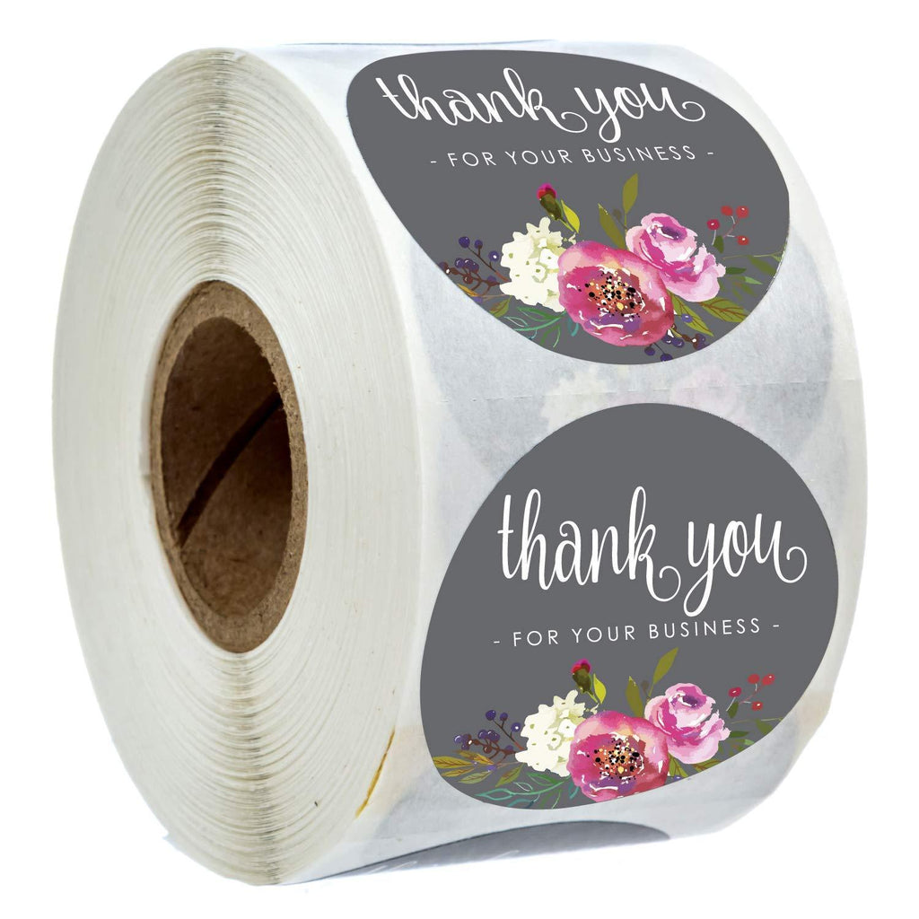 1.5 Inch Round Grey Floral Thank You for Your Business Stickers / 500 Labels Per Roll