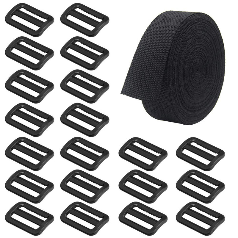 SourceTon Heavyweight Polypropylene Webbing 1 Inch by 10 Yard & 20 Pieces Plastic Triglide Slides, Heavy Duty Poly Strapping and Tri-Glide Slides for Outdoor DIY Gear Repair