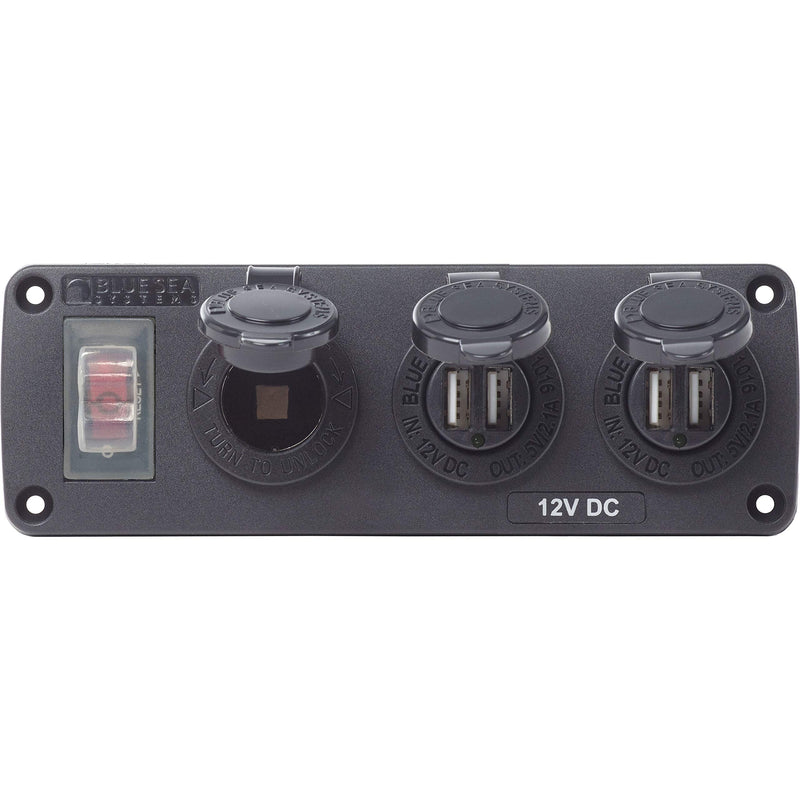 Blue Sea Systems 4365-BSS Water-Resistant Accessory Panel - 15A Circuit Breaker, 12V Socket, 2X 2.1A Dual USB Chargers,Black