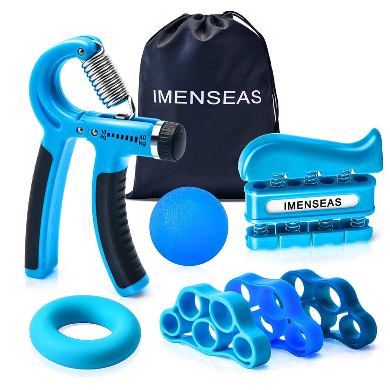 IMENSEAS Hand Grip Strengthener 7 Pack Adjustable Hand Gripper, Finger Stretcher Resistance Extensor Bands, Finger Exerciser, Grip Strength Ring & Stress Relief Ball for Athletes & Musicians Blue
