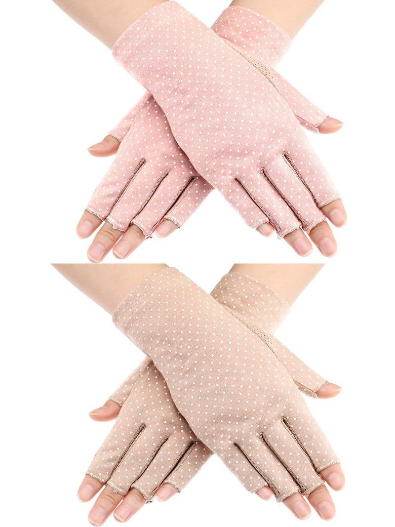 2 Pairs Sunblock Gloves Non Slip UV Protection Driving Gloves Summer Outdoor Gloves for Women and Girls Fingerless Style Pink and Khaki