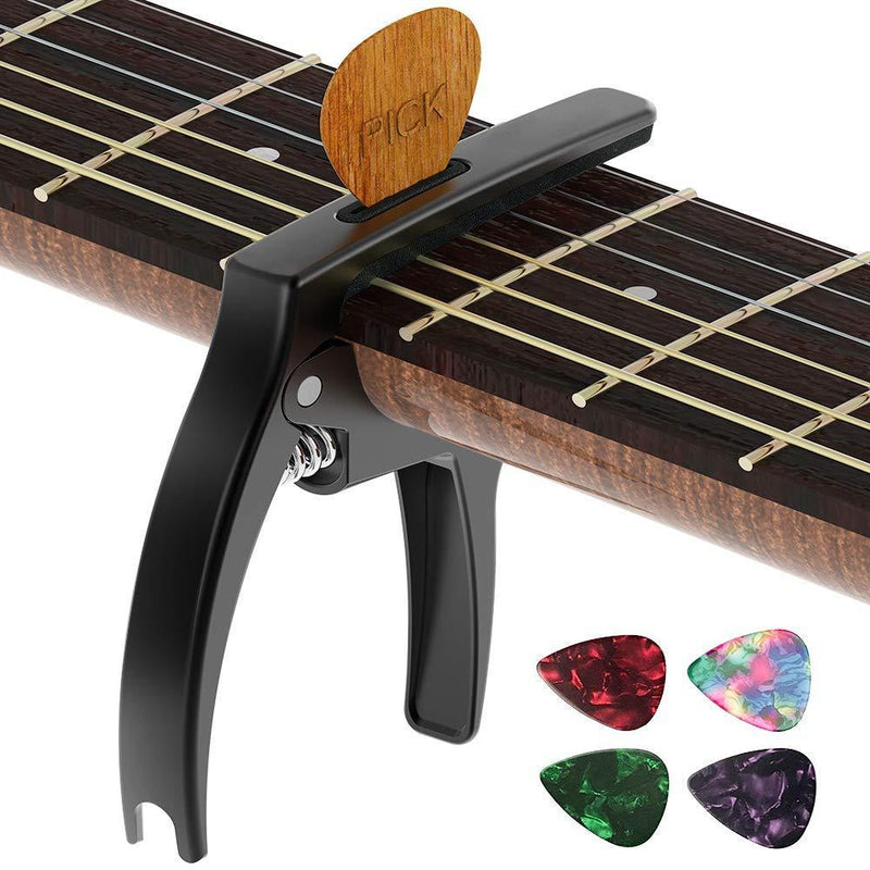 Guitar Capo,TANMUS 3in1 Zinc Metal Capo for Acoustic and Electric Guitars (with Pick Holder and 4Picks)ï¼ŒUkuleleï¼ŒMandolinï¼ŒBanjoï¼ŒClassical Guitar Accessories Black