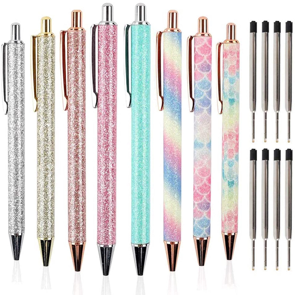 JPSOR 8pcs Glitter Cute Ballpoint Pens for Women, Sparkly Rose Gold Click Ball Pens, Metal Retractable Pen, With 8 pcs Replacement Refills, Black Ink, Medium Point 1mm, School and Office Supplies