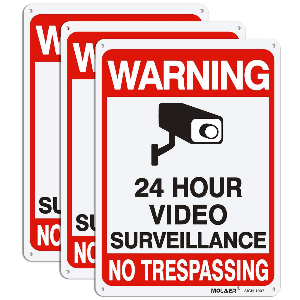 Video Surveillance Sign, MOLAER 3-Pack No Trespassing Signs, 10" x 7" UV Printed Waterproof Reflective 40 Aluminum Material, for Outdoor Security Camera Warning