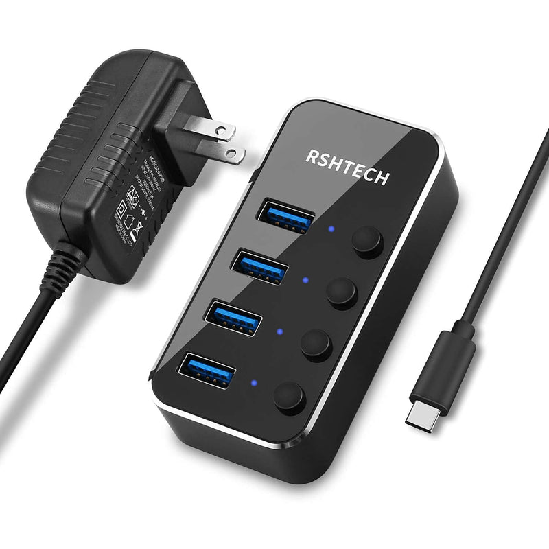 Powered USB hub RSHTECH 4 Port USB C to USB 3.0 Port Hub Expander Aluminum Portable USB 3.0 hub Splitter with 5V AC Adapter and Individual On/Off Switches (RSH-516-C) 4 port powered USB C hub