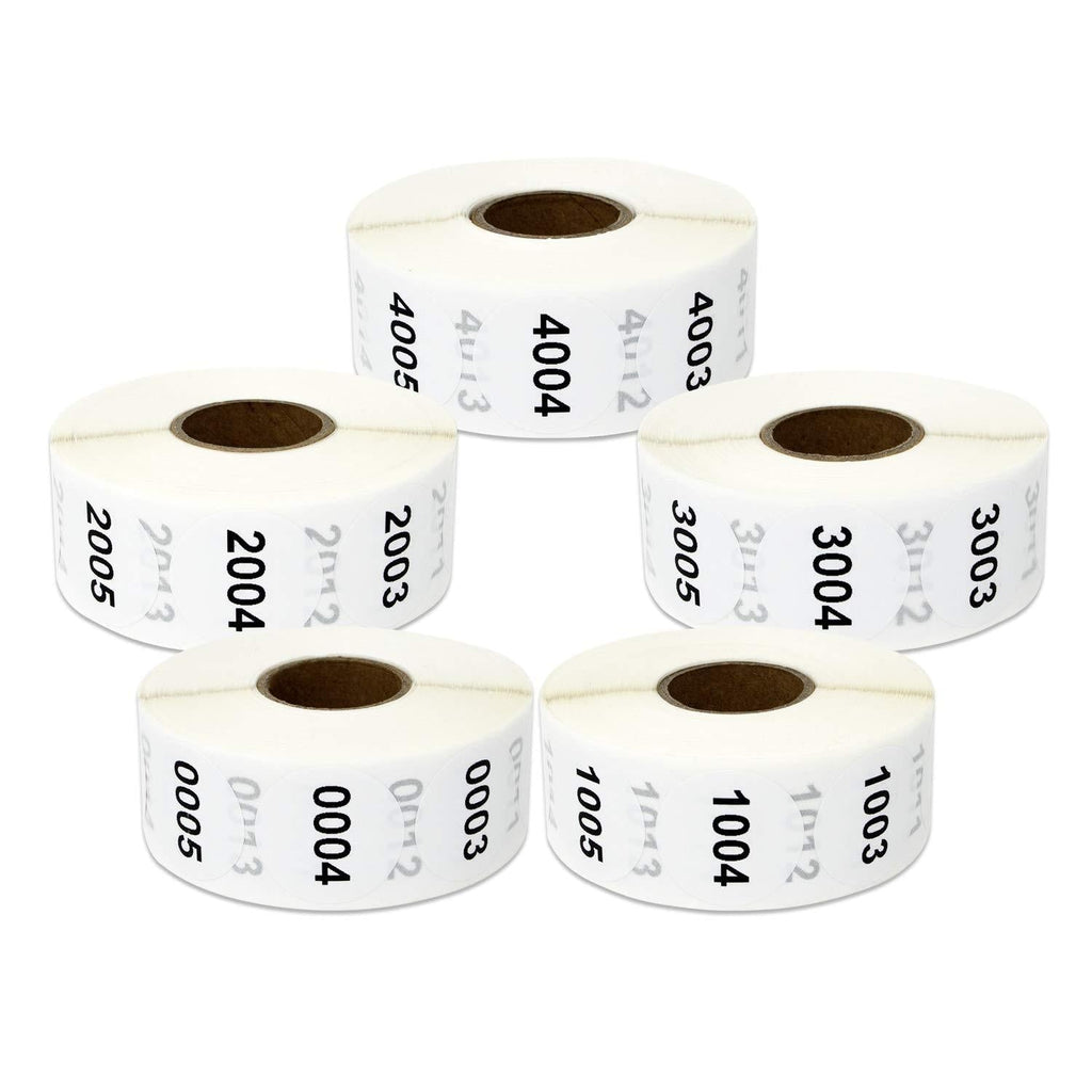 5 Rolls - Consecutive Number 0001 to 5000 Label Bundle for Inventory Counting Warehouse QC 1" Round White - 5000 Labels 5 Rolls White: 0001 to 5000