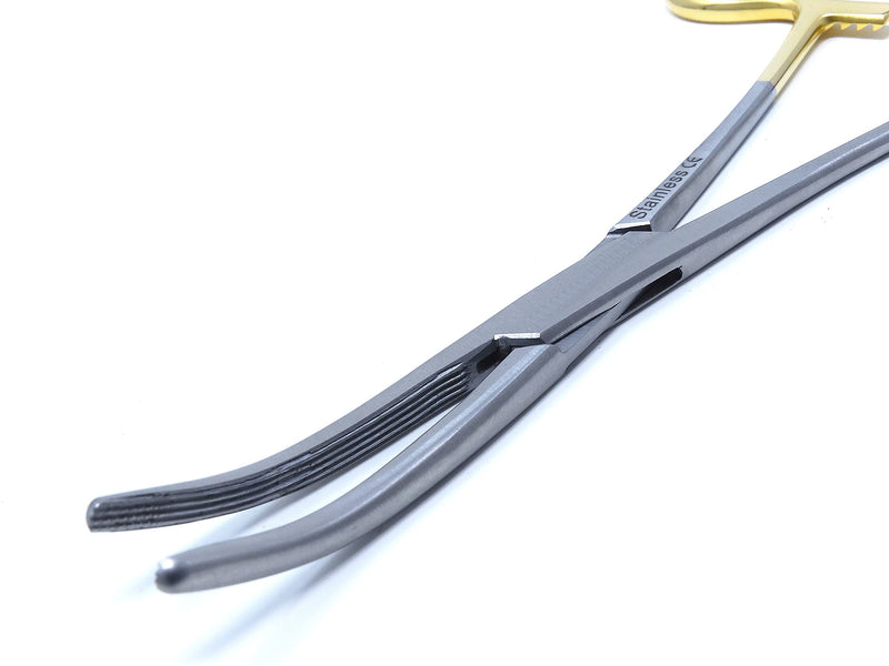Rochester Carmalt Hemostat Artery Forceps with Cross Serrated and Longitudinal Grooved Jaws 6.25" Curved Pliers with Gold Rings