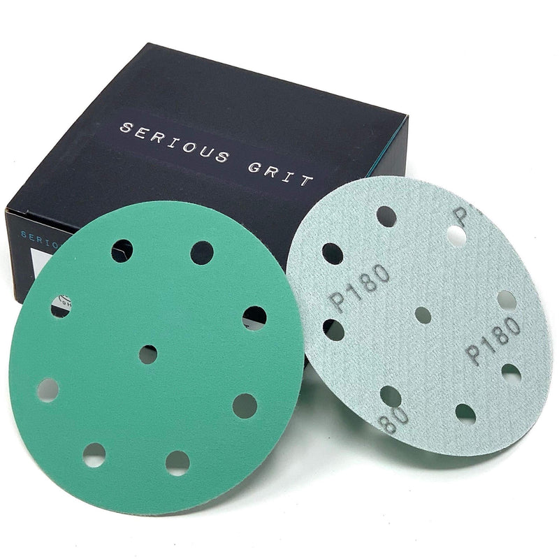 Serious Grit 5-Inch 9-Hole, 180 Grit Sanding Discs - Premium Hook and Loop Heavy Duty Sandpaper for Random Orbital Sanders - 50 PACK BOX
