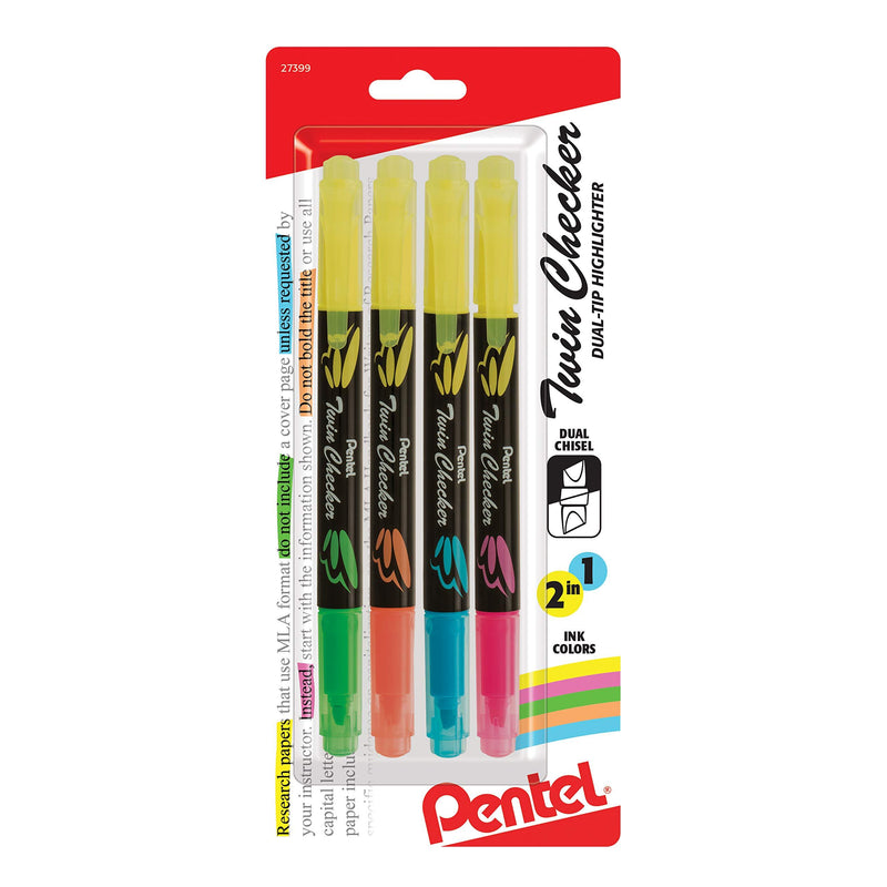 Pentel Twin checker Dual-Tip Highlighter, Chisel Tip, Assorted Colors (GF/Gk/GP/GS), 4-PK (SLW8BP4M) 4 Pack