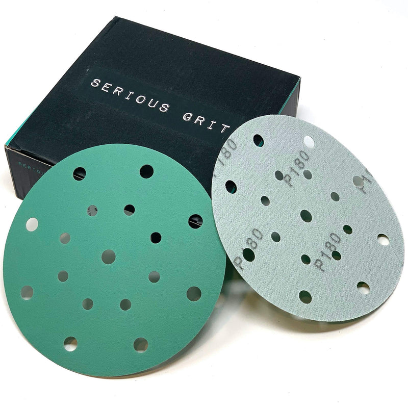 Serious Grit 6-Inch 17-Hole, 180 Grit Sanding Discs - Premium Hook and Loop Heavy Duty Sandpaper for Random Orbital Sanders - 50 PACK BOX