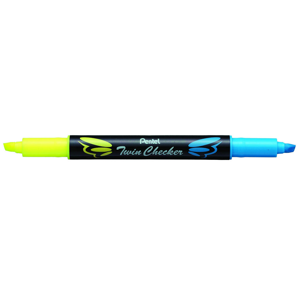 Pentel Twin Checker Dual-tip Highlighter, Chisel Tip, Yellow/Blue Ink, Pack of 12 (SLW8-GS) 12 Pack