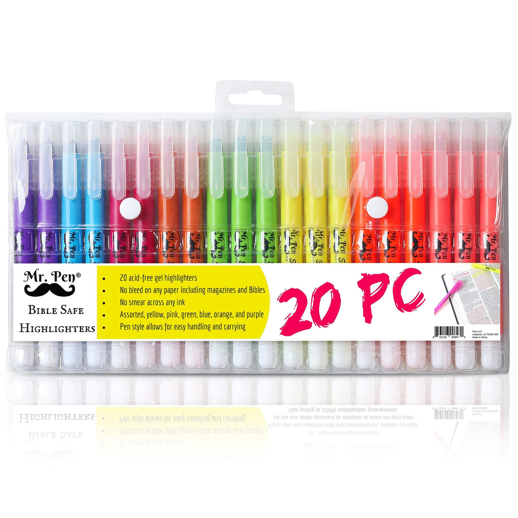 Mr. Pen No Bleed Gel Highlighter, Bible Highlighters, Assorted Colors, Pack of 20