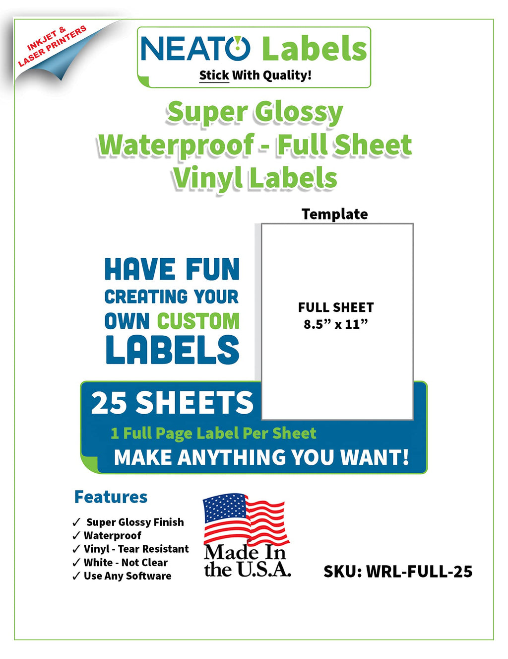 Printable Vinyl Waterproof Sticker Paper for Inkjet and Laser Printer - 25 White Full Sheet Super Glossy Craft Labels - Strong Adhesive - Tear Resistant - Made in The USA - Design Software Included