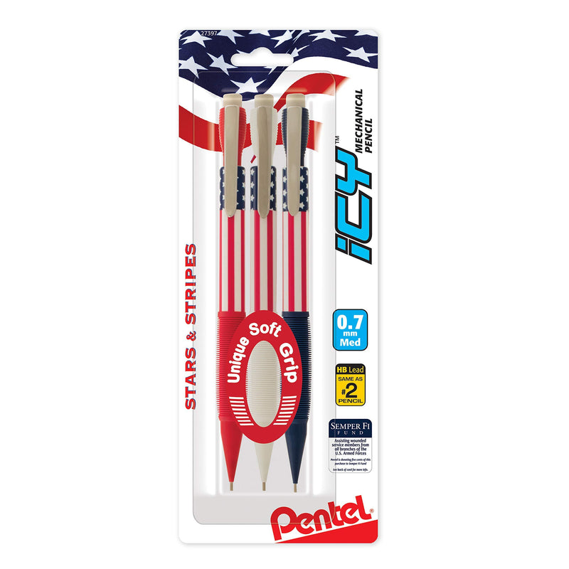 Icy Mechanical Pencil, (0.7mm) Medium Line, Flag Barrel, Assorted Grips (B/C/W), 3-PK 3 Pack