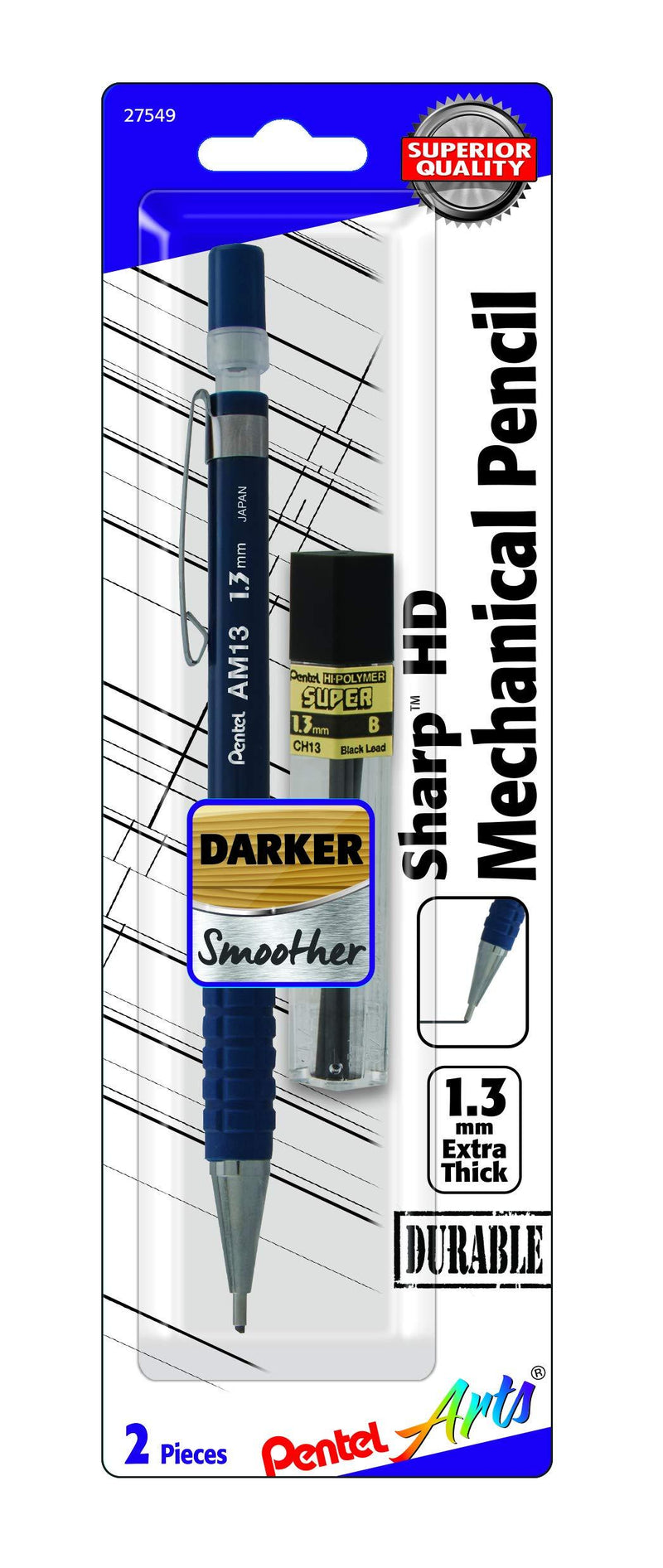 Pentel Arts Sharp HD Mechanical Pencil (1.3mm), Dark Blue Barrel, (1) Super Hi-Polymer Lead Refill (AM13PABP)