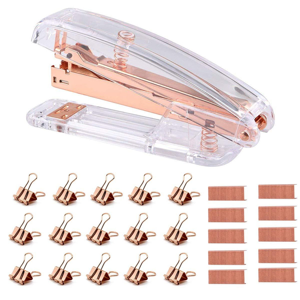 Rose Gold Desk Accessories Set - Transparent Rose Gold Acrylic Desktop Stapler with 1000 PCS Rose Gold Staples and 15 Pieces Blinder Clips for Home School Office Supplies Stationery Desk Accessory