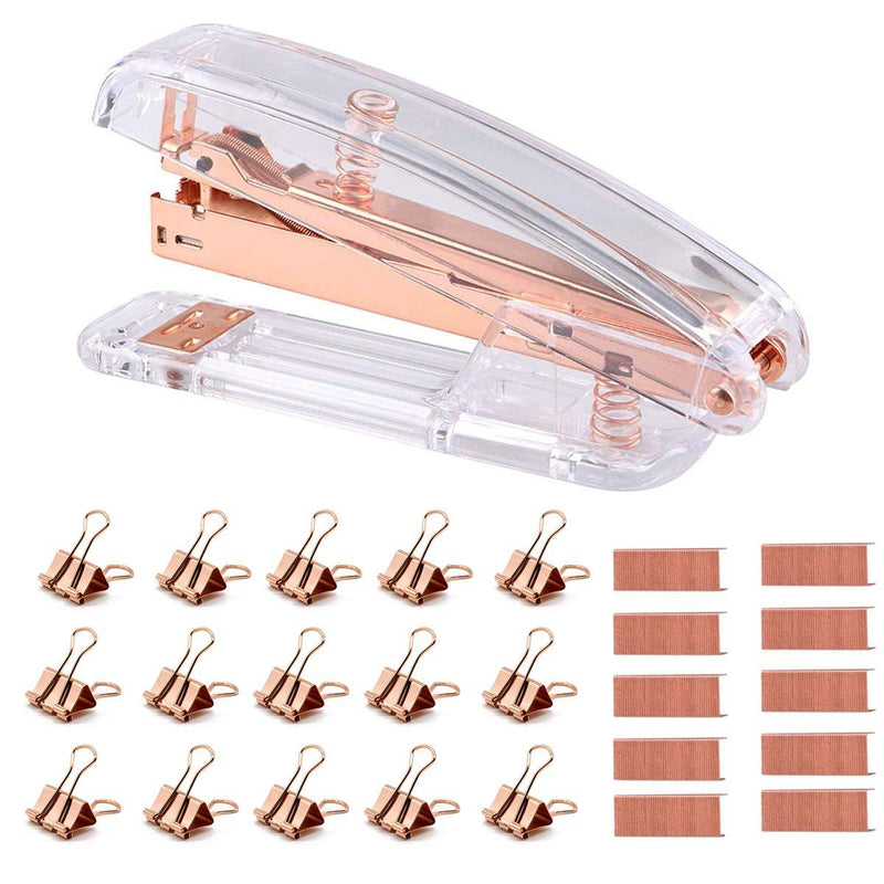 Rose Gold Desk Accessories Set - Transparent Rose Gold Acrylic Desktop Stapler with 1000 PCS Rose Gold Staples and 15 Pieces Blinder Clips for Home School Office Supplies Stationery Desk Accessory