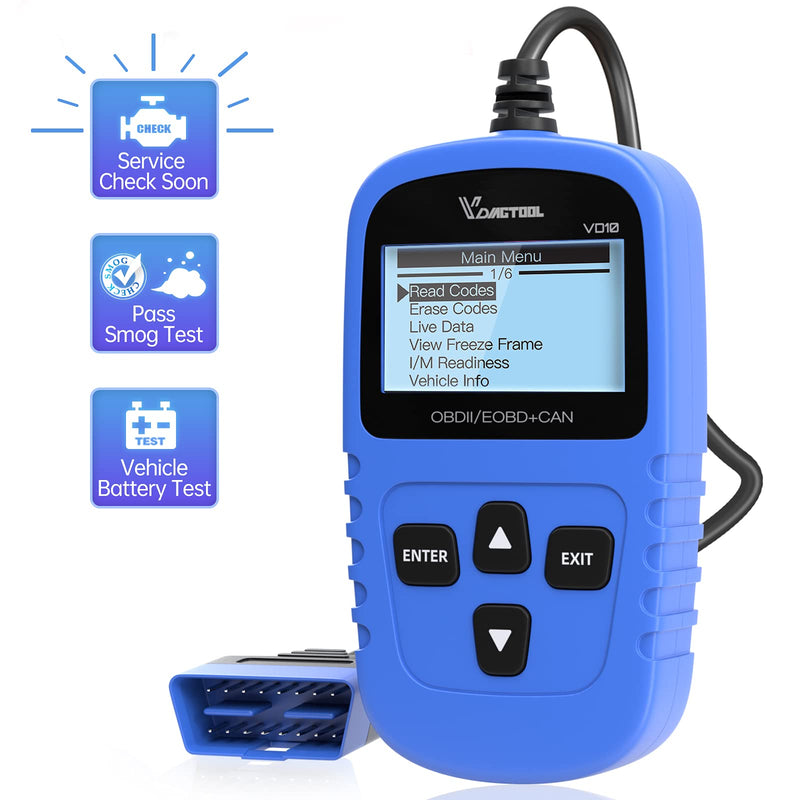 VDIAGTOOL VD10 OBD2 Scanner Car Code Reader, Smog Check, Engine Fault Code Reader, Live Data, Freeze Frame, Vehicle Voltage Test, Turn Off Check Engine Light
