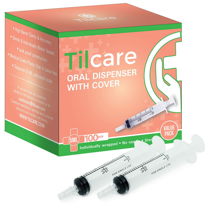 5ml Oral Dispenser Syringe with Cover 100 Pack by Tilcare - Sterile Plastic Medicine Droppers for Children, Pets & Adults – Latex-Free Medication Syringe Without Needle - Syringes for Glue and Epoxy