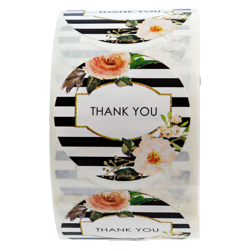 SBLABELS Black and White Stripe Floral Thank You Stickers / 1.5" Thanks Circle Labels / 500 Stickers Per Roll