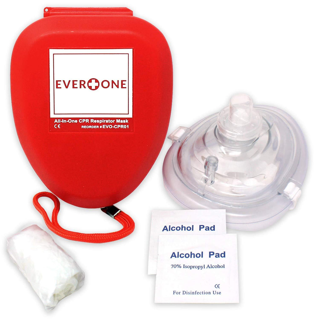 EverOne CPR Rescue Mask, Adult/Child Pocket Resuscitator, Hard Case with Wrist Strap + Gloves & Wipes