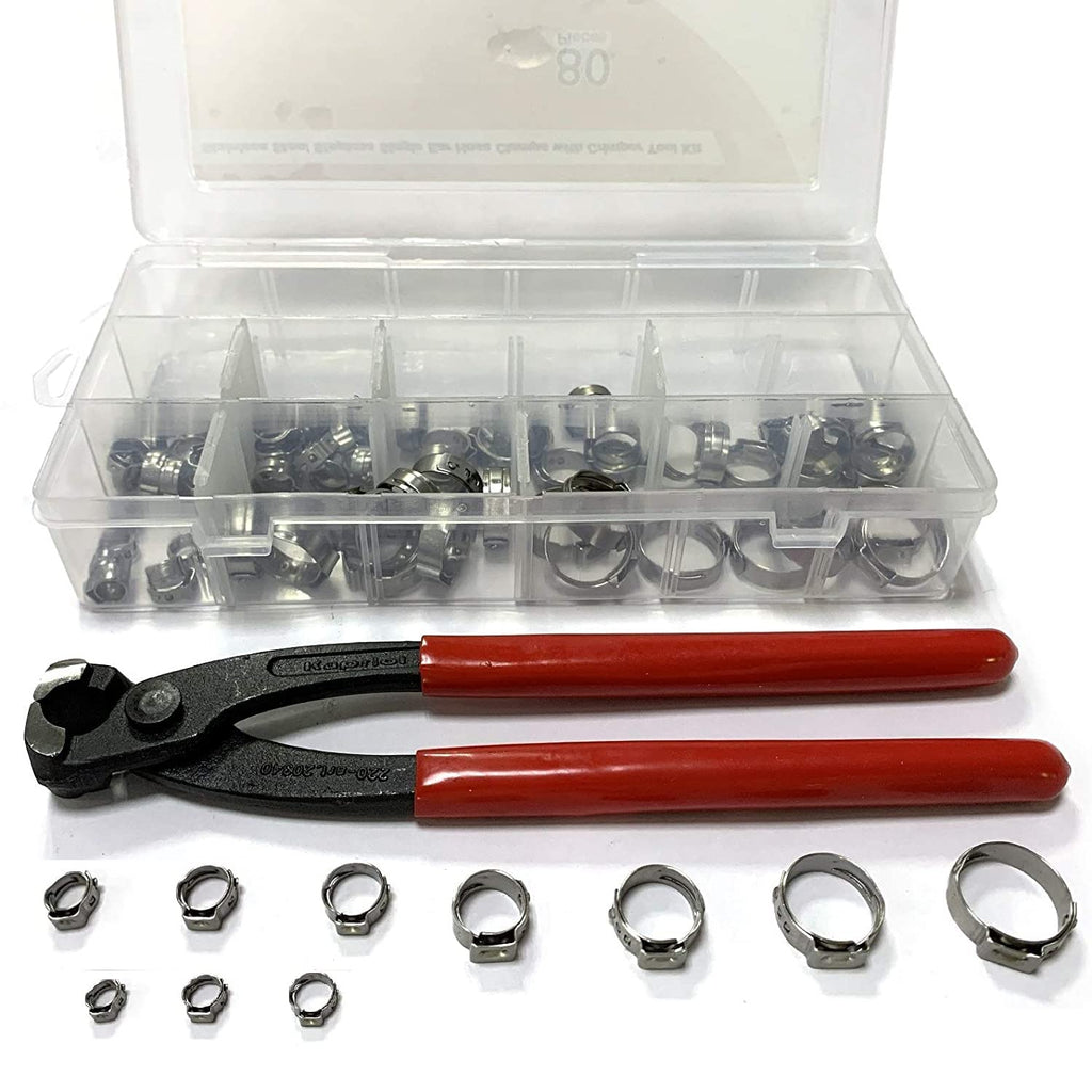 Leberna 115 Pcs 304 Stainless Steel Stepless Single Ear 7-29mm Hose Clamps with Pincers Crimper Tool Kit | Securing Pipe Hoses Automotive | Cinch Rings Pinch Clamp, Crimp Clamp Assortment PEX Crimping