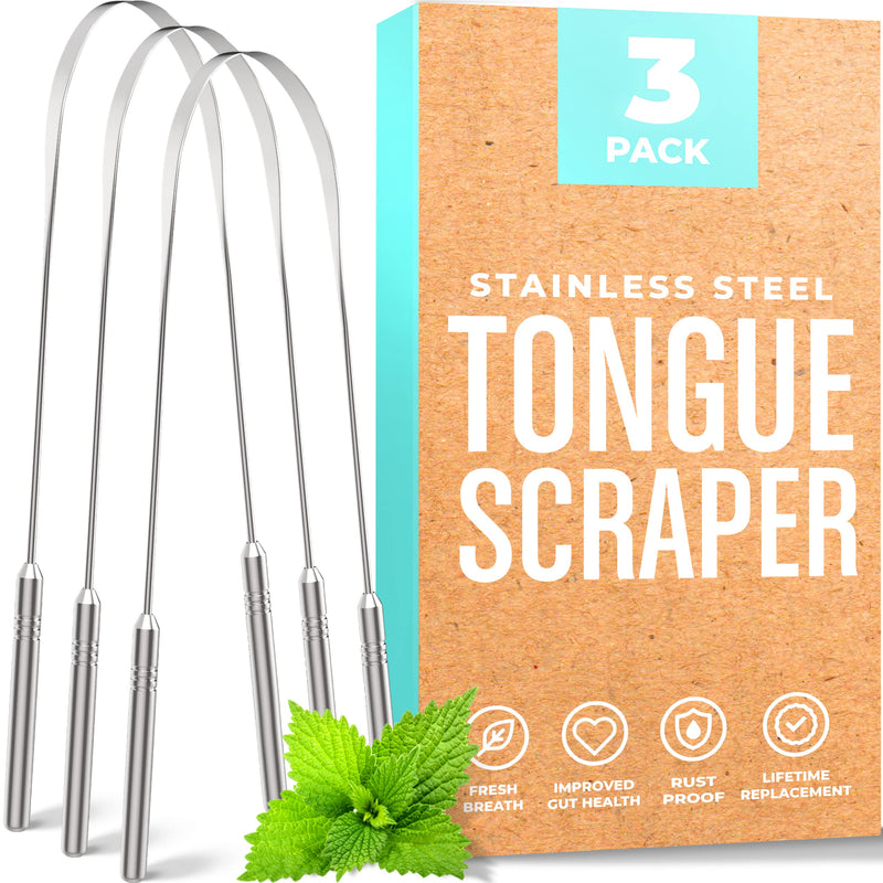 Tongue Scraper (3 Pack), Reduce Bad Breath (Medical Grade), Stainless Steel Tongue Cleaners, Metal Tounge Scrappers, Tongue Scraper Cleaner for Fresh Breath 3 Count (Pack of 1)