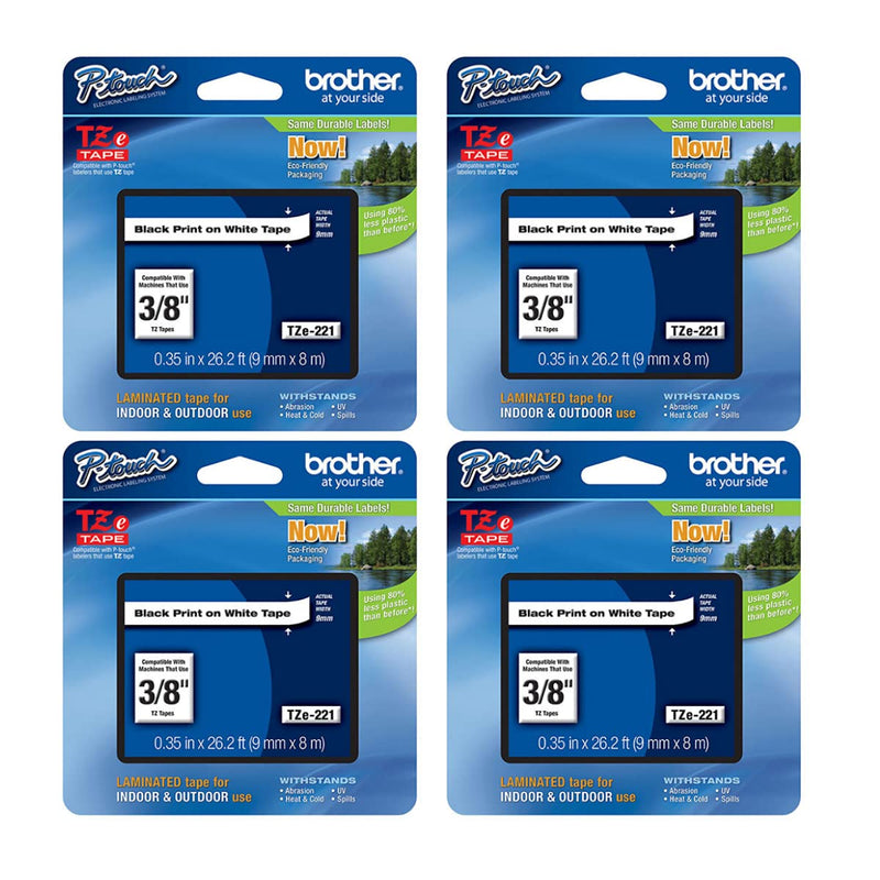 Brother Genuine P-Touch 4-Pack TZe-221 Laminated Tape, Black Print on White Standard Adhesive Laminated Tape for P-Touch Label Makers, Each Roll is 0.35"/9mm (~ 3/8") Wide, 26.2 (8M) Long