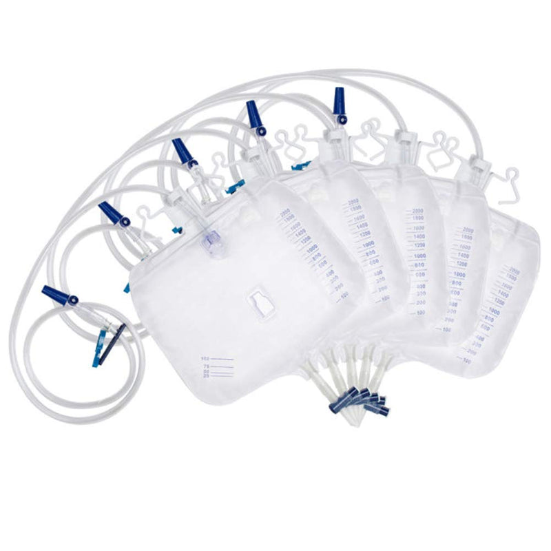 Careshine 2000ml Urine Replacement Collector Urinary Drainage Bag with Anti-Reflux Chamber (5 Pack)