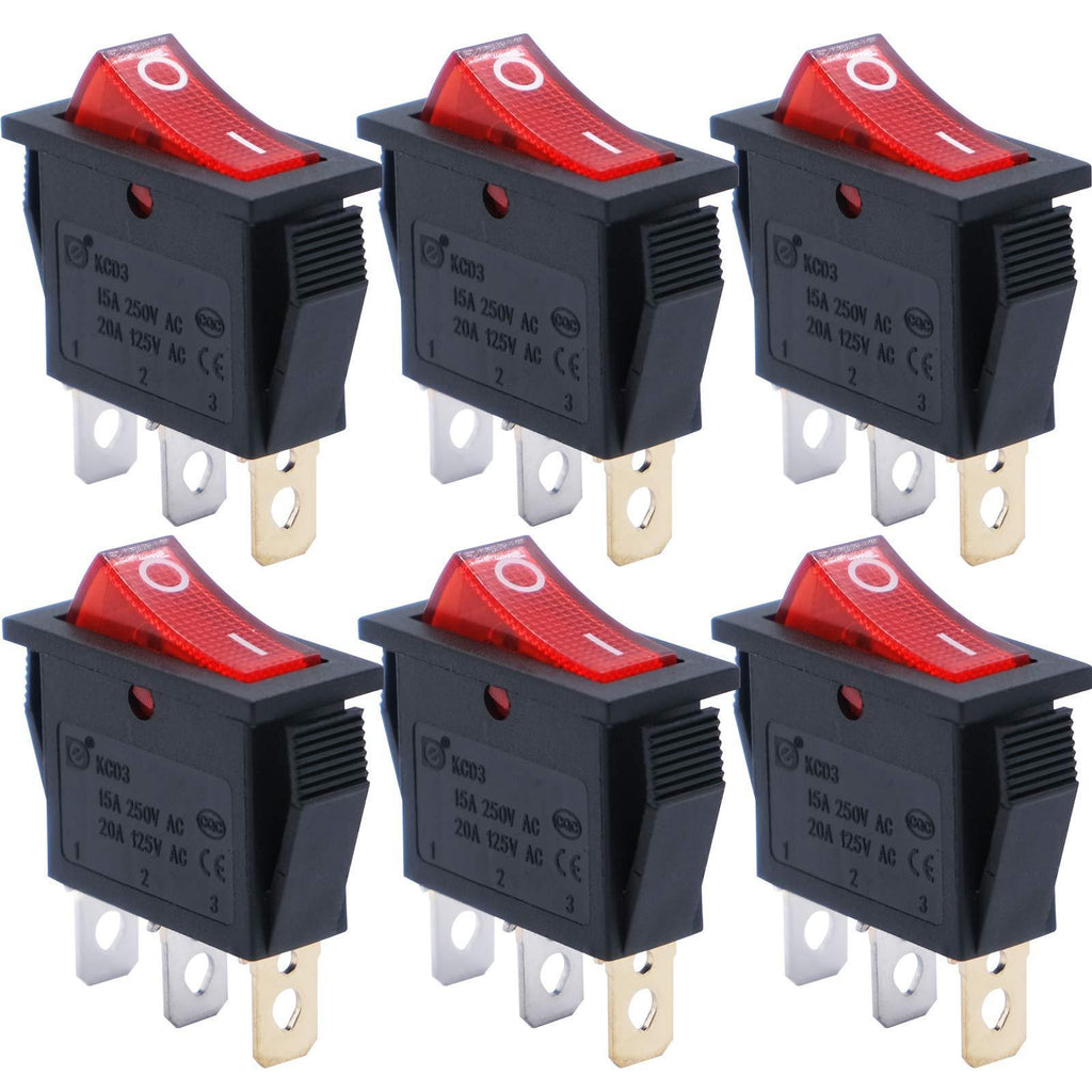 mxuteuk 6pcs AC110V Red Light Rocker Switch Illuminated Snap-in Toggle Switch Power SPST ON-Off 3 Pin AC 250V 6A 125V 10A, Use for Household Appliances MXU3-101NR 3 Pin LED Red ON-OFF