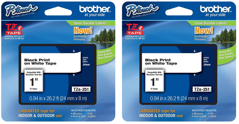 Brother Genuine P-Touch 2-Pack TZe-251 Laminated Tape, Black Print on White Standard Adhesive Laminated Tape for P-Touch Label Makers, Each Roll is 0.94"/24mm (~ 1") Wide, 26.2 ft. (8M) Long