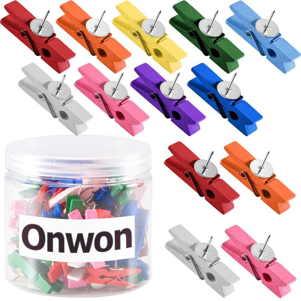 Onwon 50 Pieces Wooden Clips with Push Pins Wood Clip Thumbtack Clothespins Decorative Craft Paper Clips Pushpins Tacks for Notes Photos Cork Boards Bulletin Board Craft Projects