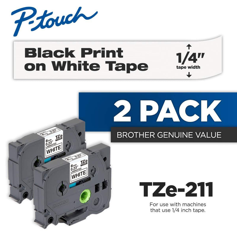 Brother Genuine P-Touch 2-Pack TZe-211 Laminated Tape, Black Print on White Standard Adhesive Laminated Tape for P-Touch Label Makers, Each Roll is 0.23"/6mm (1/4") Wide, 26.2 (8M) Long