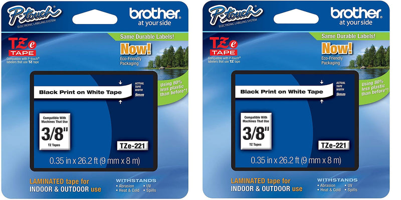 Brother Genuine P-Touch 2-Pack TZe-221 Laminated Tape, Black Print on White Standard Adhesive Laminated Tape for P-Touch Label Makers, Each Roll is 0.35"/9mm (~ 3/8") Wide, 26.2 (8M) Long