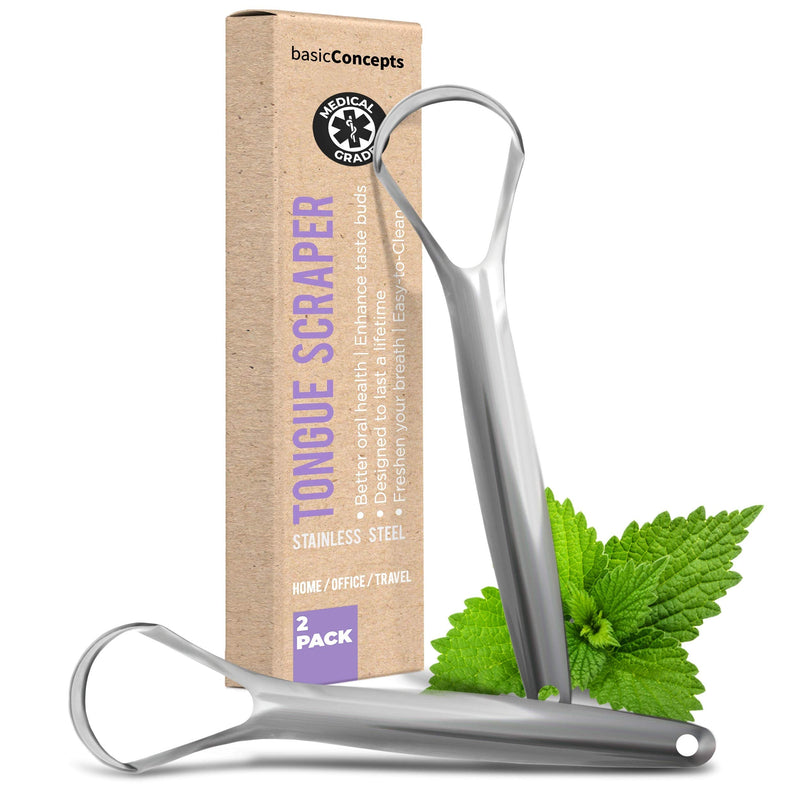 Tongue Scraper (2 Pack), Reduce Bad Breath (Medical Grade), Stainless Steel Tongue Cleaners, 100% Metal Tongue Scrapers Fresher Breath in Seconds 2 Count (Pack of 1)
