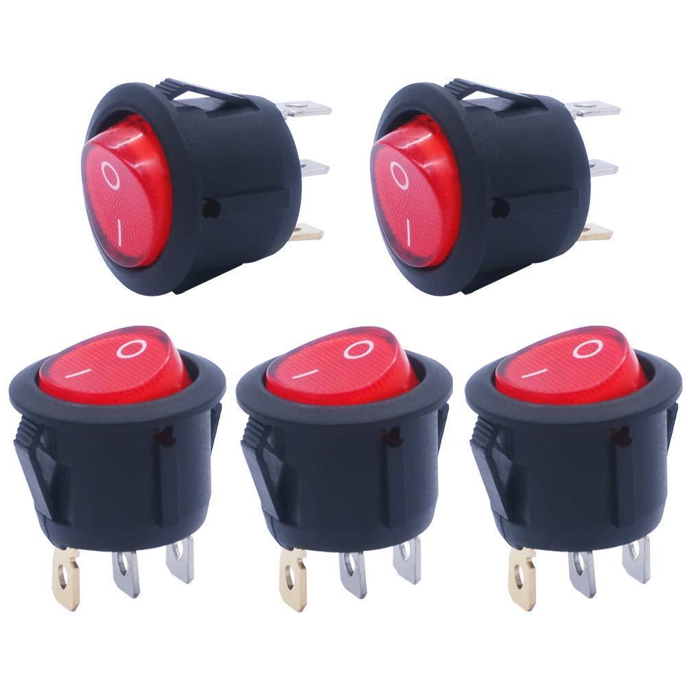 mxuteuk 5pcs Snap-in AC110V Red Light Illuminated Round Boat Rocker Switch Toggle Power Switch SPST ON-OFF 3 Pin AC 250V 6A 125V 10A, Use for Household Appliances MXU1-5-101NR 3 Pin LED Red ON-OFF