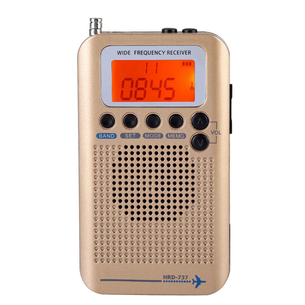 Air Band Radio Receiver AIR FM AM CB SW VHF Full Band Hand-held Aircraft Digital Travel Radio with Extended Antenna Build in Battery Wide Frequency LCD Display with Alarm, Earphones (Brass) Brass