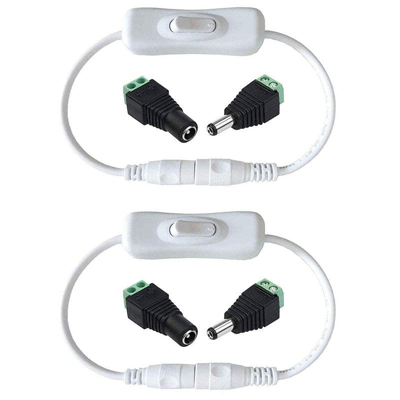 TronicsPros 2pcs DC 12V Switch Cable 30cm Inline LED Strip Switch On Off + 2 Pairs of 5.5mm x 2.1mm DC Female Male Connector Plug Adapter Screw Terminal for LED Tape or Other DC 5V-24V Device