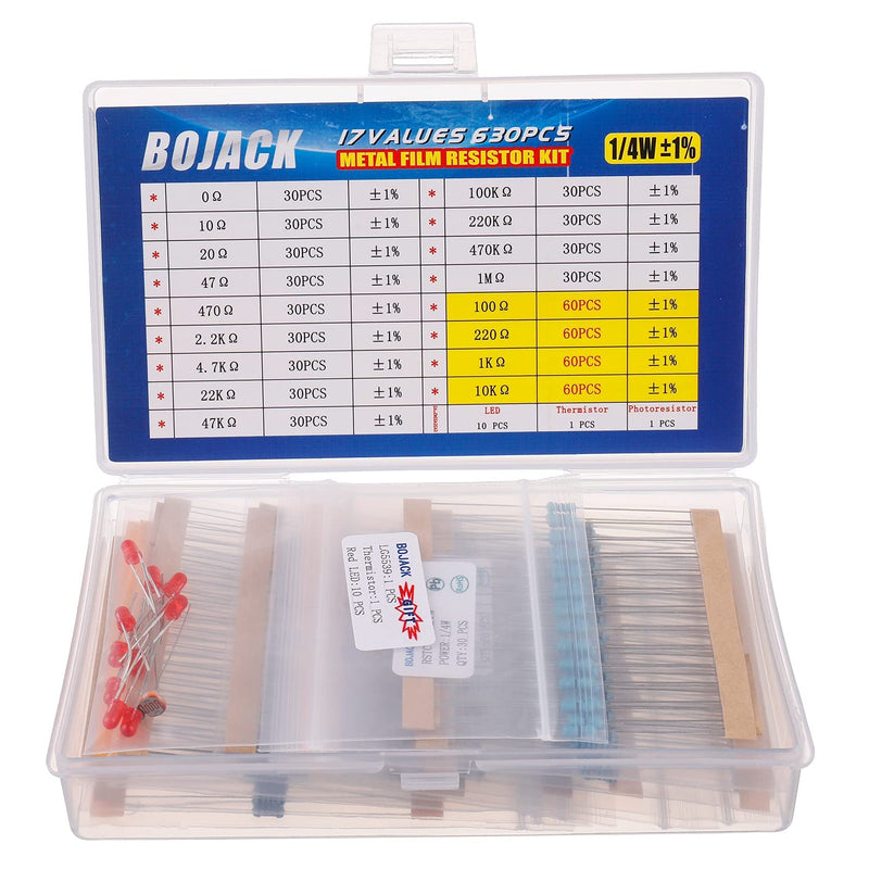 BOJACK 630 Pcs 17 Values Resistor Kit 0 Ohm-1M Ohm with 1% 1/4W Metal Film Resistors Assortment Kit 1/4 W