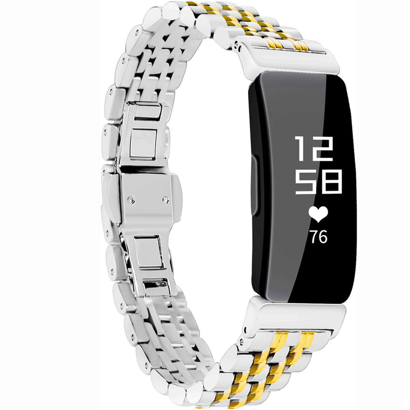 Chofit Metal Bracelet Compatible with Fitbit Inspire/ Inspire HR/Inspire 2 Bands, Stainless Steel Replacement Strap Wristband Accessories for InspireTracker for Women (Silver-Gold) Silver-Gold
