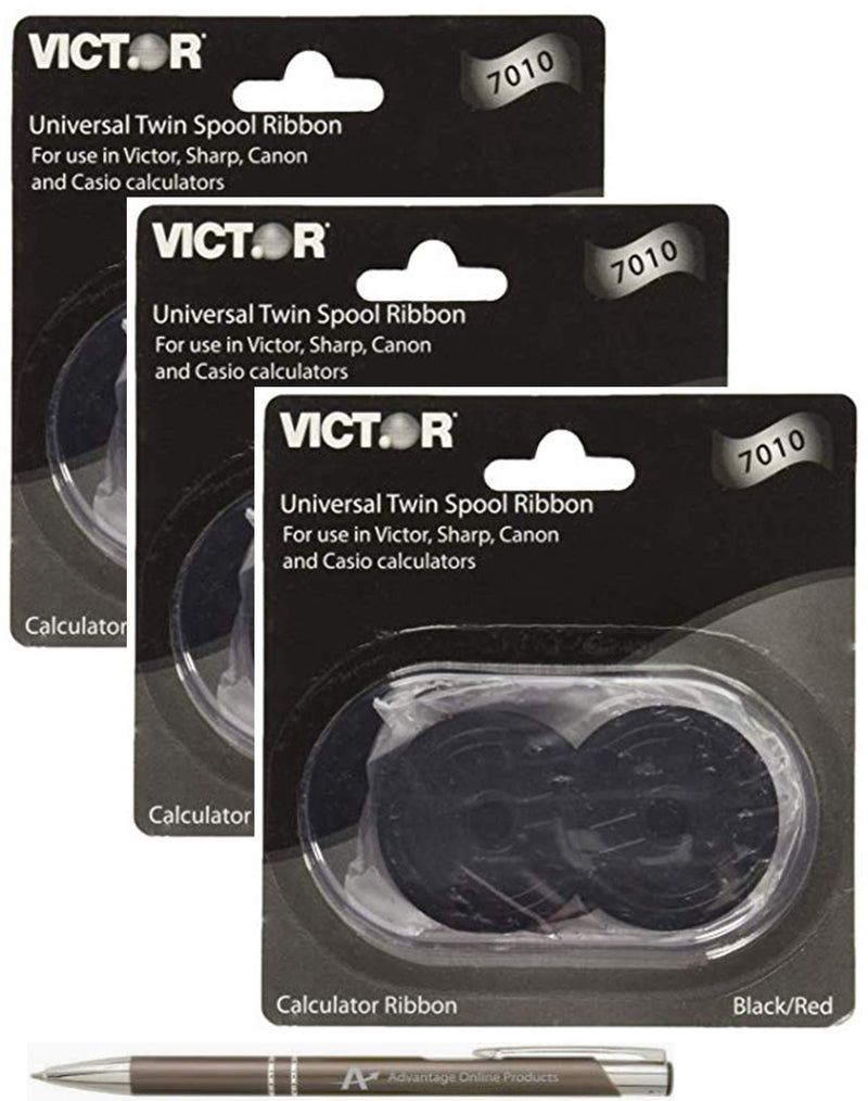 Bundle of 3 Genuine Victor Brand 7010 Black and Red Ribbons, for use with Aurora, Canon, Casio, Innovera, Sharp, TI and Victor calculators. Includes Bonus AdvantageOP Custom Metal Retractable Pen