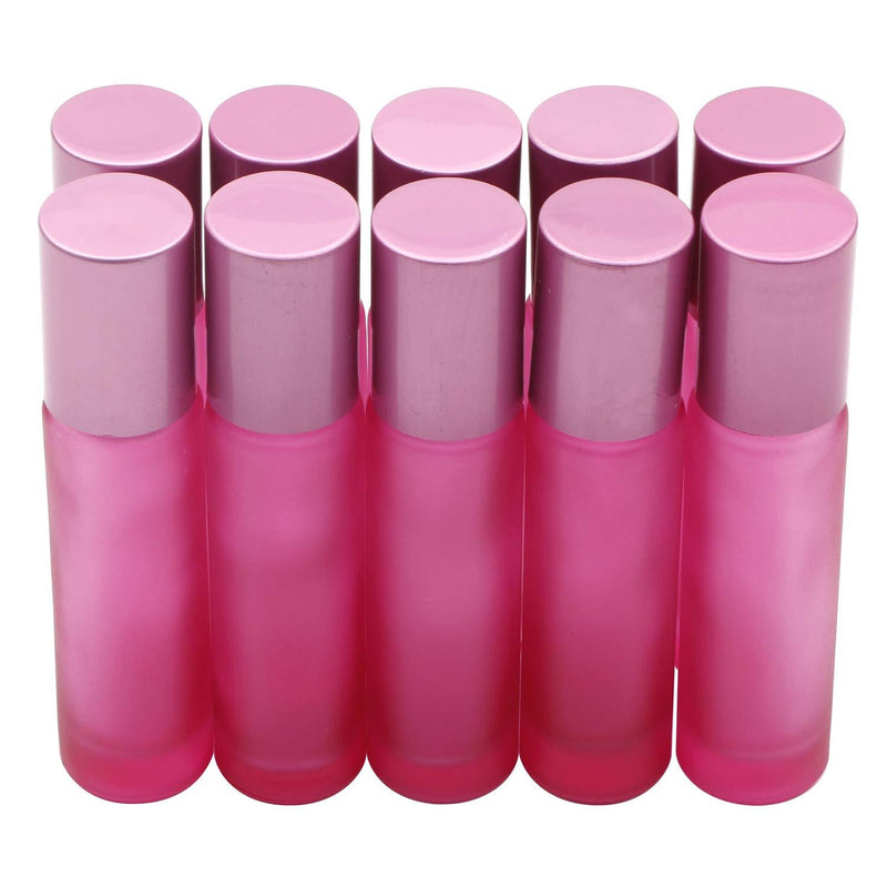 Kesell 10 Pack - 10ml Refillable Frosted Glass Roller Bottles Vials with Stainless Steel Roller Ball and Aluminum Cap - Pink Color