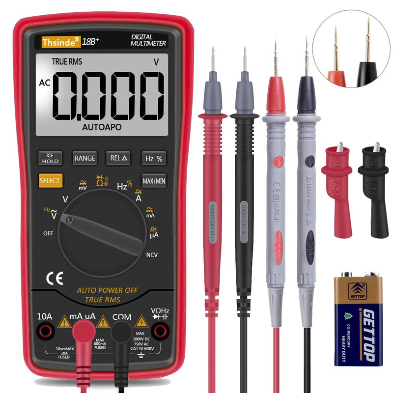 Auto Ranging Digital Multimeter TRMS 6000 with Battery Alligator Clips Test Leads AC/DC Voltage/Account,Voltage Alert, Amp/Ohm/Volt Multi Tester/Diode (Red) Red